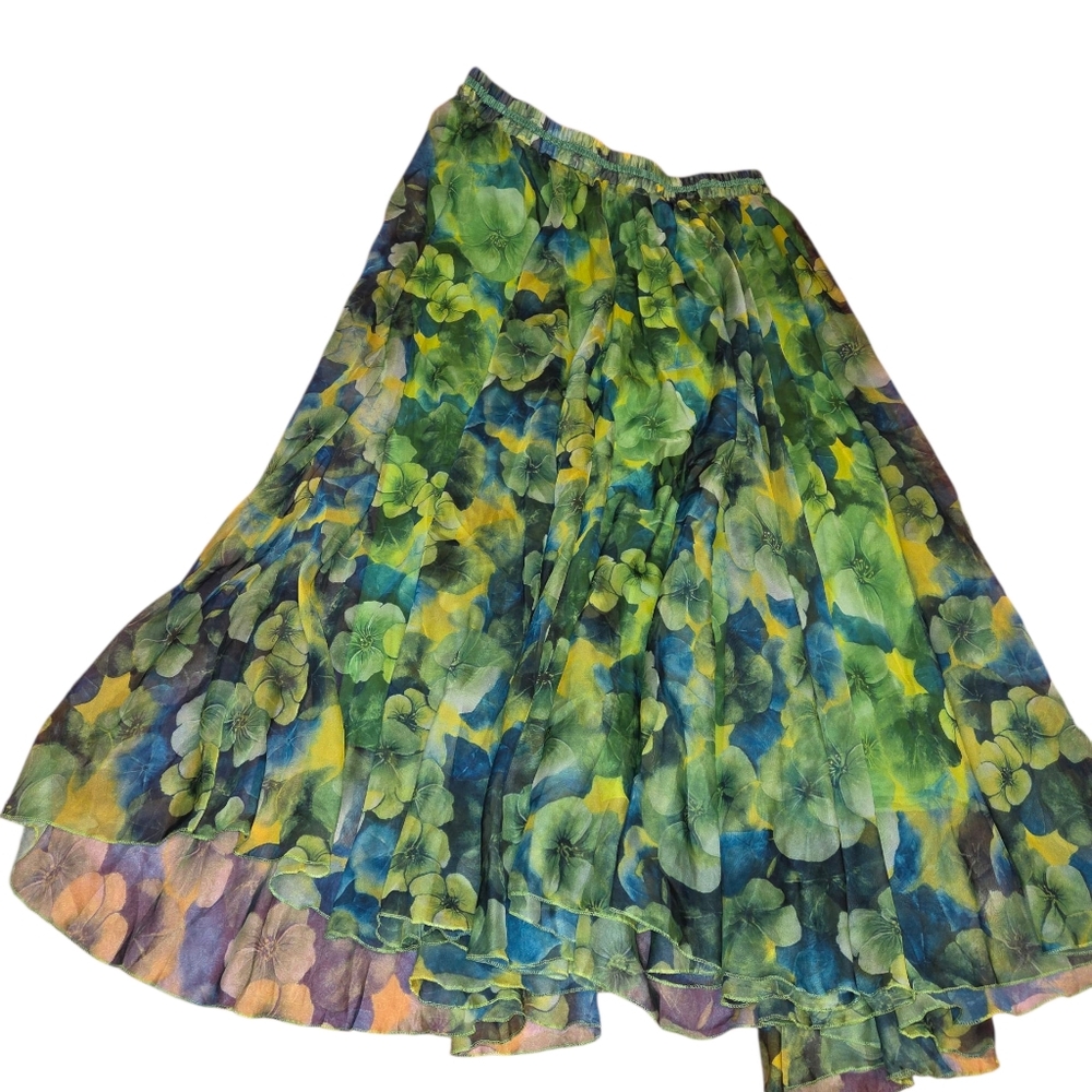 Green 3X Full Floral Maxi Skirt Elastic Waist See Pics - Picture 2 of 11